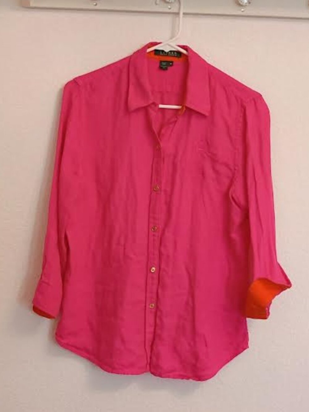 LAUREN RALPH LAUREN WOMEN'S TOP HOT PINK 100% LINEN CREST 3/4 CUFF SLEEVE MED